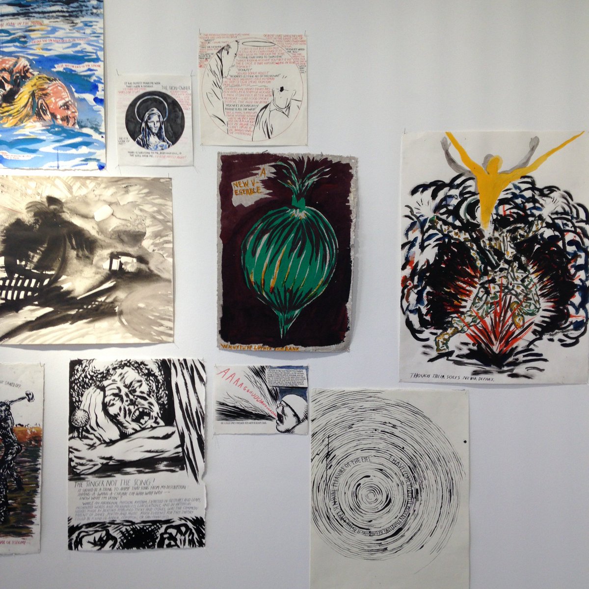 The_Hypersigil's tweet photo. An early peek at Raymond Pettibon's "...No Hugs Coming" show at CFA Berlin ahead of tonight's opening #CFAberlin #Contemporaryfineartsberlin #Ausstellung #painting #kunst #art #Berlin https://t.co/klejMAMoss https://t.co/bhdF65U5Xh