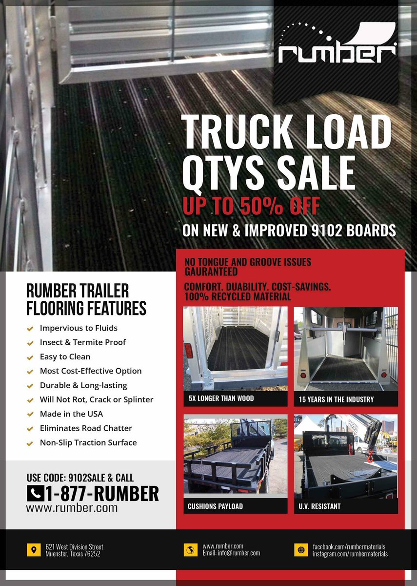 RumberMaterials's tweet photo. RUMBER SALE! Stock up on 9102 boards up to 50% OFF during our Truck Load Quantities sale!

#sale #truckloadsale #rackingboards #trailer #horsetrailer #rumber #rumberboards #rumbersheets #letsgetreadytorumber #madeinamerica #livestock #recycled #upcycled #durable #longlasting https://t.co/fzCJvFIVSJ