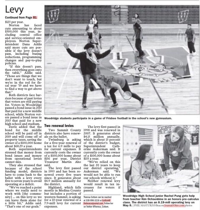 See today’s #AkronBeaconJournal for Woodridge levy article. Photos by #WHSClassof1982 Phil Masturzo! #supportwoodridge <a href="/EmergencyLevy/">Woodridge Local Schools Emergency Operating Levy</a>