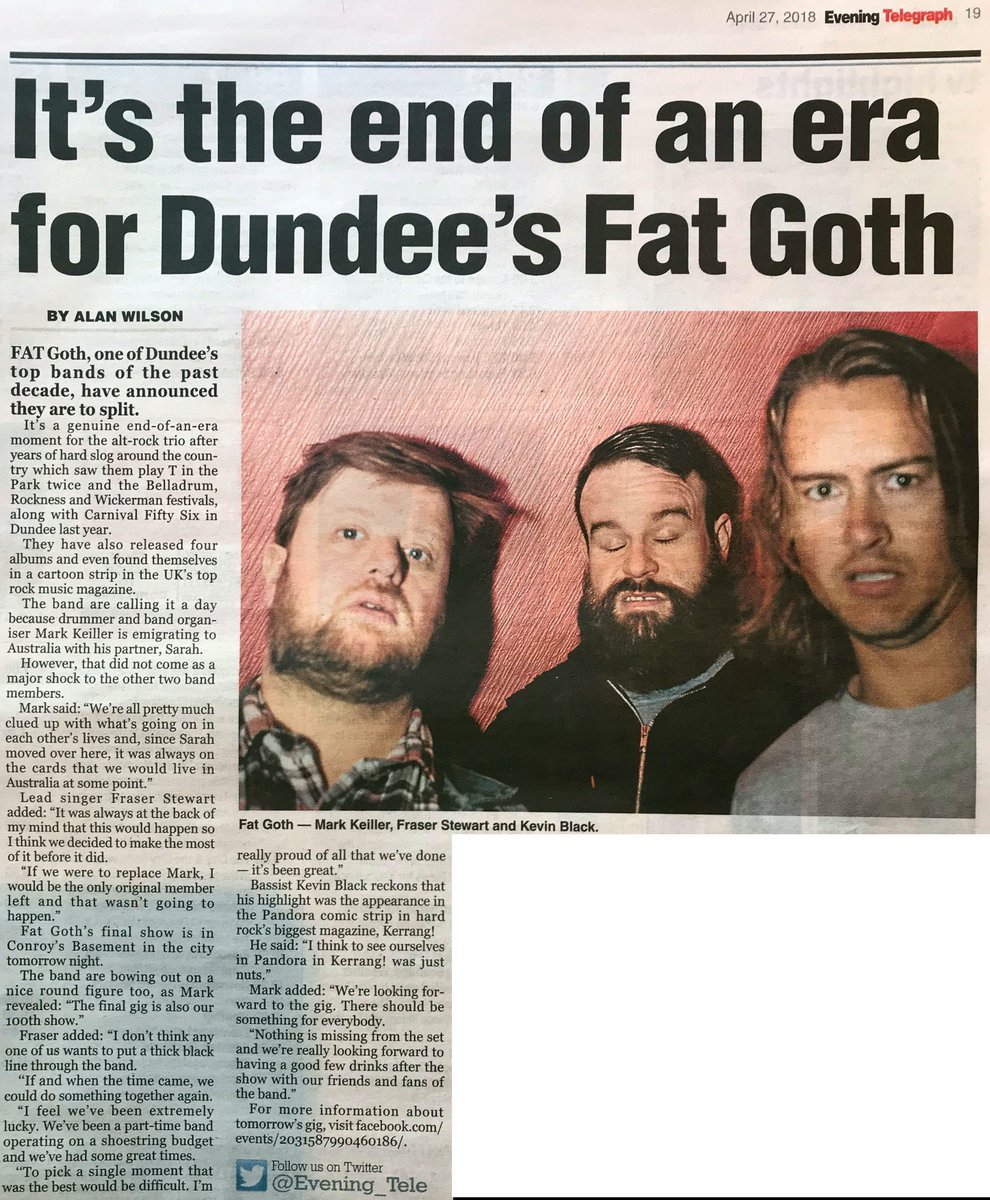 Fat Goth (@fatgoth) on Twitter photo Article in today's <a href="/Evening_Tele/">Evening Telegraph</a> ahead of our 100th and final show at Conroy's Basement in #Dundee tomorrow night 😢 Article in today's <a href="/Evening_Tele/">Evening Telegraph</a> ahead of our 100th and final show at Conroy's Basement in #Dundee tomorrow night 😢