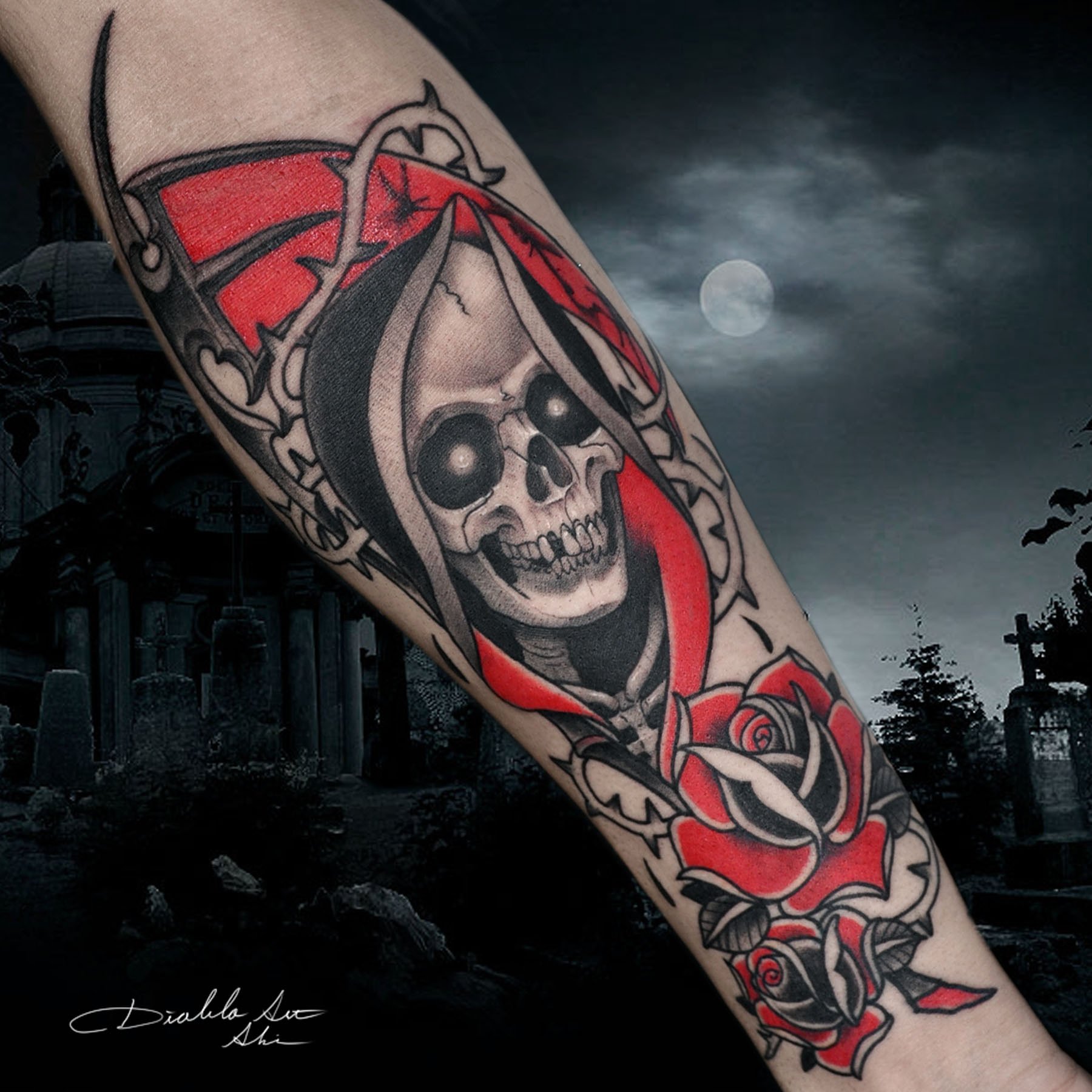 “I got to do this Neo traditional grim reaper and rose tonight. 
&a...