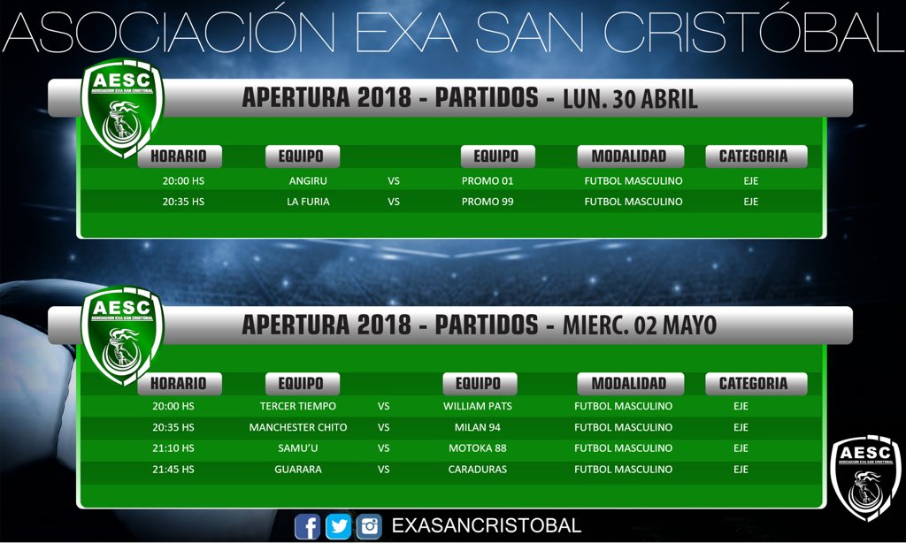 EXASanCristobal's tweet photo. #InfoExaSC || Te presentamos la jornada en #elmejorexadelpais a jugarse en Coliseo San Cristobal
☑️ Sabado 28/04
☑️ Lunes 30/04
☑️ Miércoles 02/05
Y por si fuera poco, vuelve el FÚTBOL FEMENINO ⚽️👩🏻
Te esperamos 💪 https://t.co/osU4APTh7m