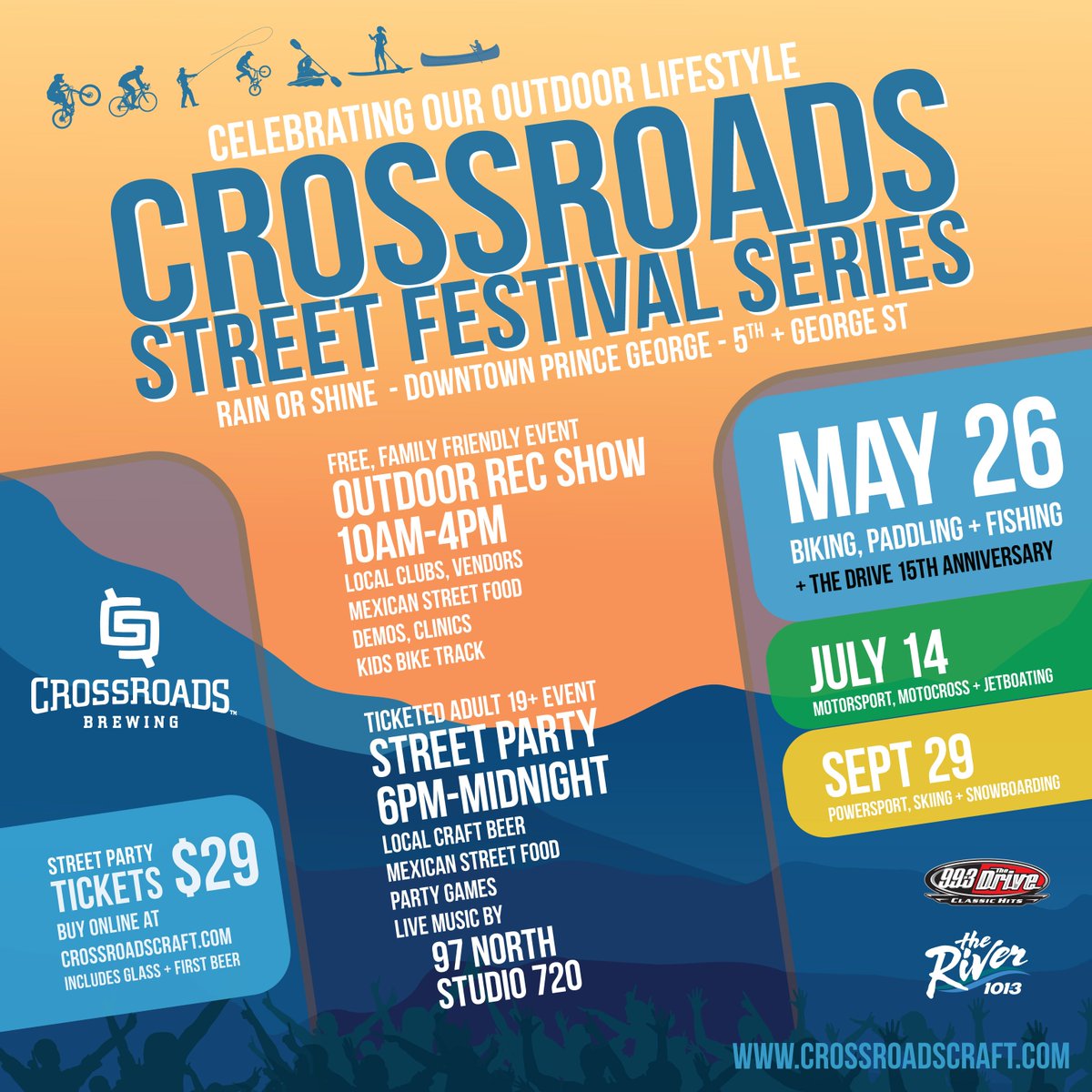 crossroadscraft's tweet image. Exciting CrossRoads Street Festivals coming to @DowntownPG on May 26, July 14 and Sept 29 - free daytime outdoor rec shows in partnership with local rec clubs + evening street parties buy tickets today at crossroadscraft.com. #outdoors #recreation #supportlocal #bccraftbeer