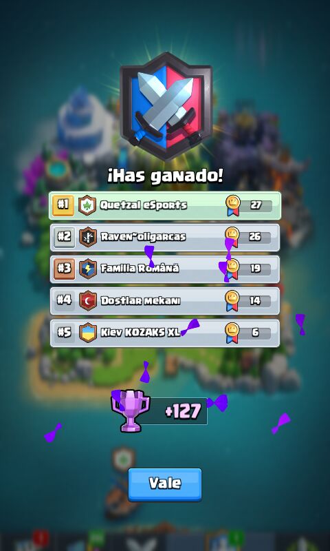 Yeah! Primera guerra ganada 😎
Estubo muy cerrado el marcador final pero conseguimos el primer lugar 💪
Tenemos que seguir así equipo 😎
#ClashRoyale 
#guatemala