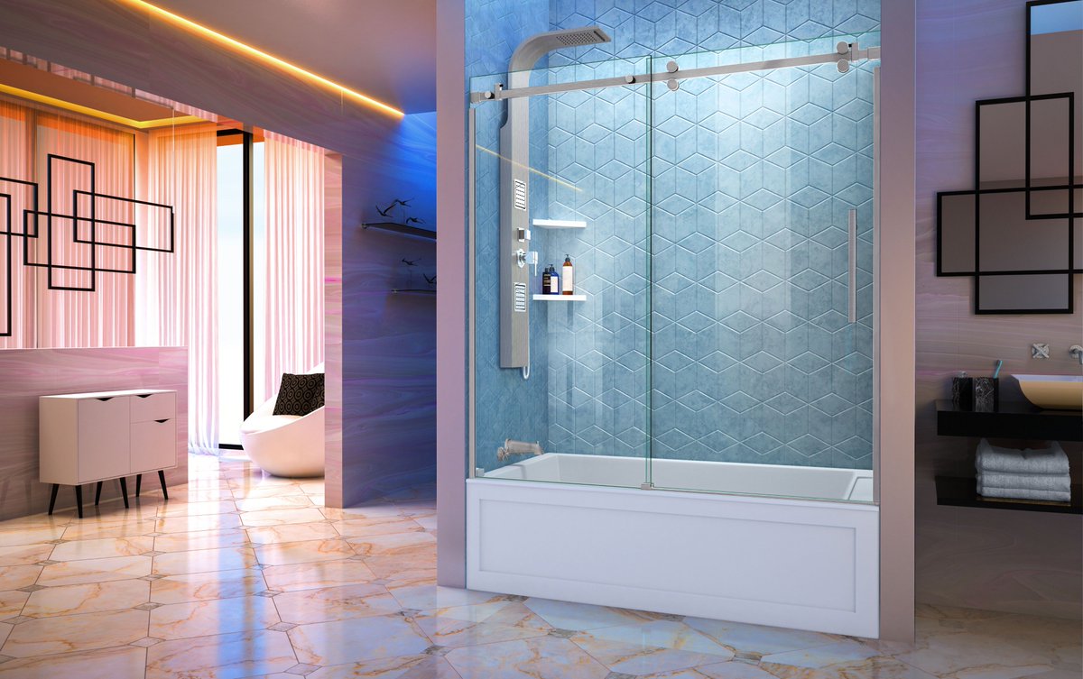 Looking for your dream shower?  Stop by <a href="/ECBCShow/">ECBCShow</a> Booth #108 and talk to <a href="/DreamLineShower/">DreamLine Shower Doors</a>  This barn-door style tub door is perfect!
#ECBCShow #ECBCExhibitor #Nashville #DreamShower #Bathrooms