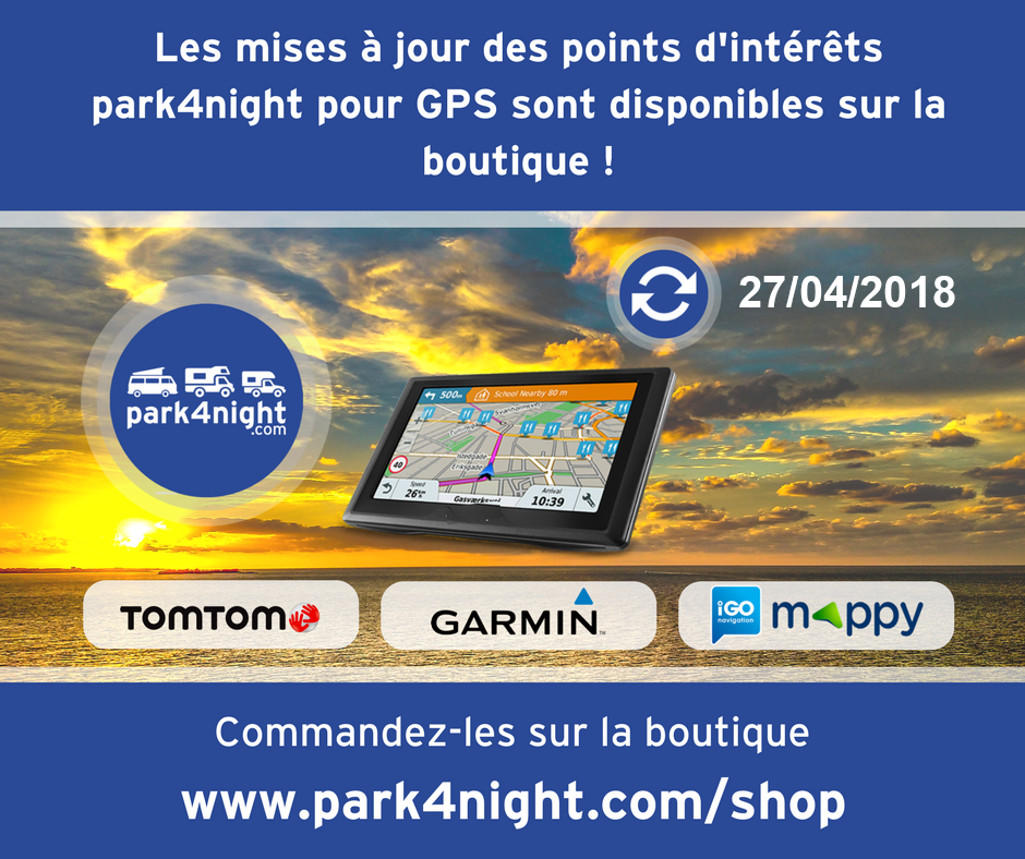 MAJ des POIs GPS Tomtom / Garmin / Igo / Mappy dispo sur la boutique.
park4night.com/shop/
#campingcar #gps #poi