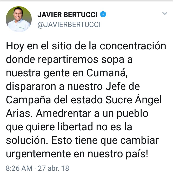#27Abr Candidato Presidencial, Javier Bertucci denuncia que dispararon a su Jefe de Campaña del estado Sucre, Ángel Arias. Aún no hay información sobre su estado de salud.