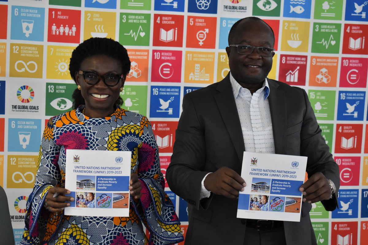 UNNamibia's tweet photo. The outgoing UNRC @Kikigbeho & Director General of @NPC_Namibia, Hon. Obeth Kandjoze jointly launched the UN #Partnership Framework (UNPAF) 2019-2023, through which the #UN will support the Government to achieve national & international development agendas. #NDP5 #SDGs https://t.co/srxA99SwVL
