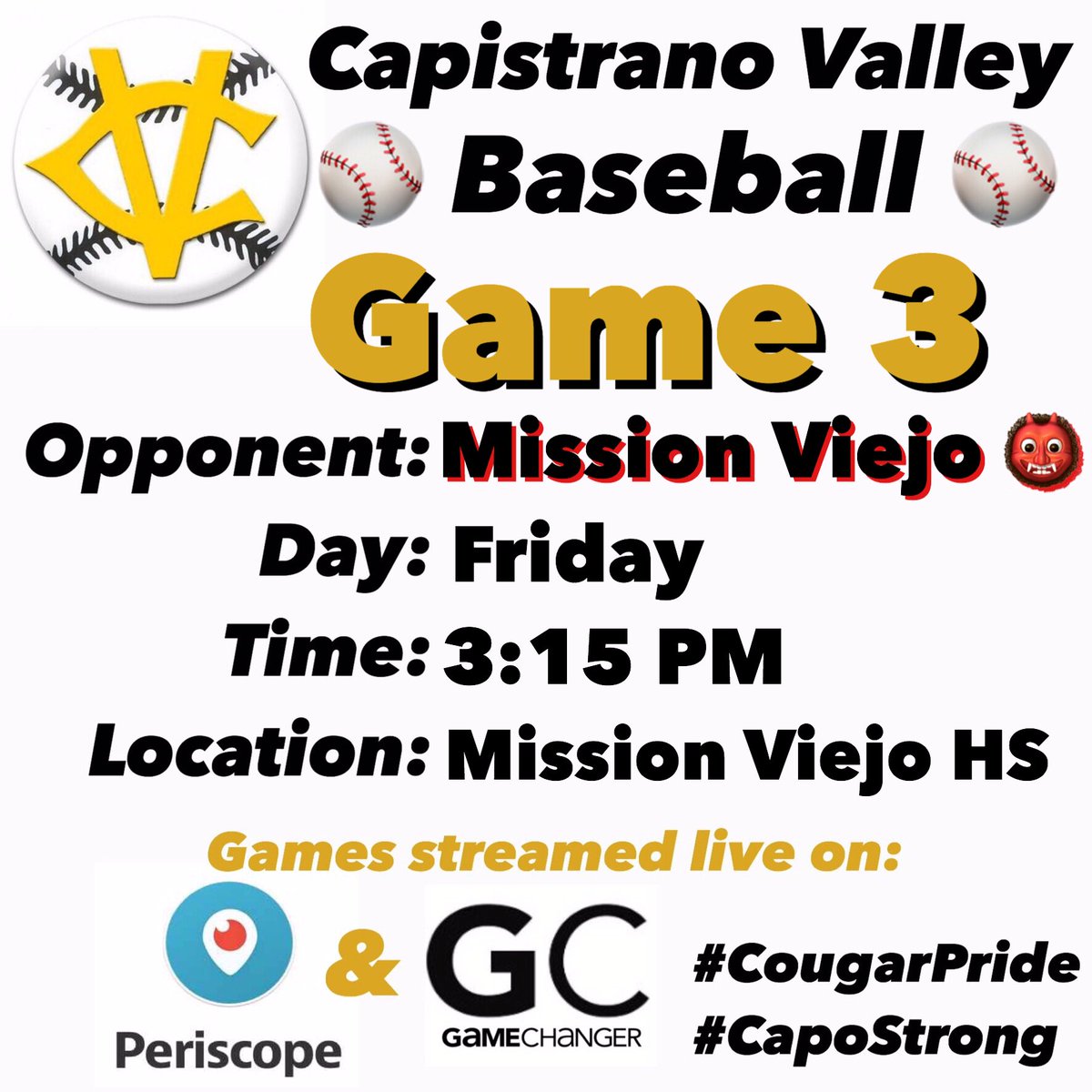 CVHS_Baseball's tweet photo. Game Day - Cougars travel to @BaseballMVHS  today in Game 3 of the season series. First pitch 3:15 PM. 
@ryandaugherty22 on the mound for @CapoValleyHS 
Come out and support.  #SCL #CougarPride #CapoStrong https://t.co/bHEvJvxDey