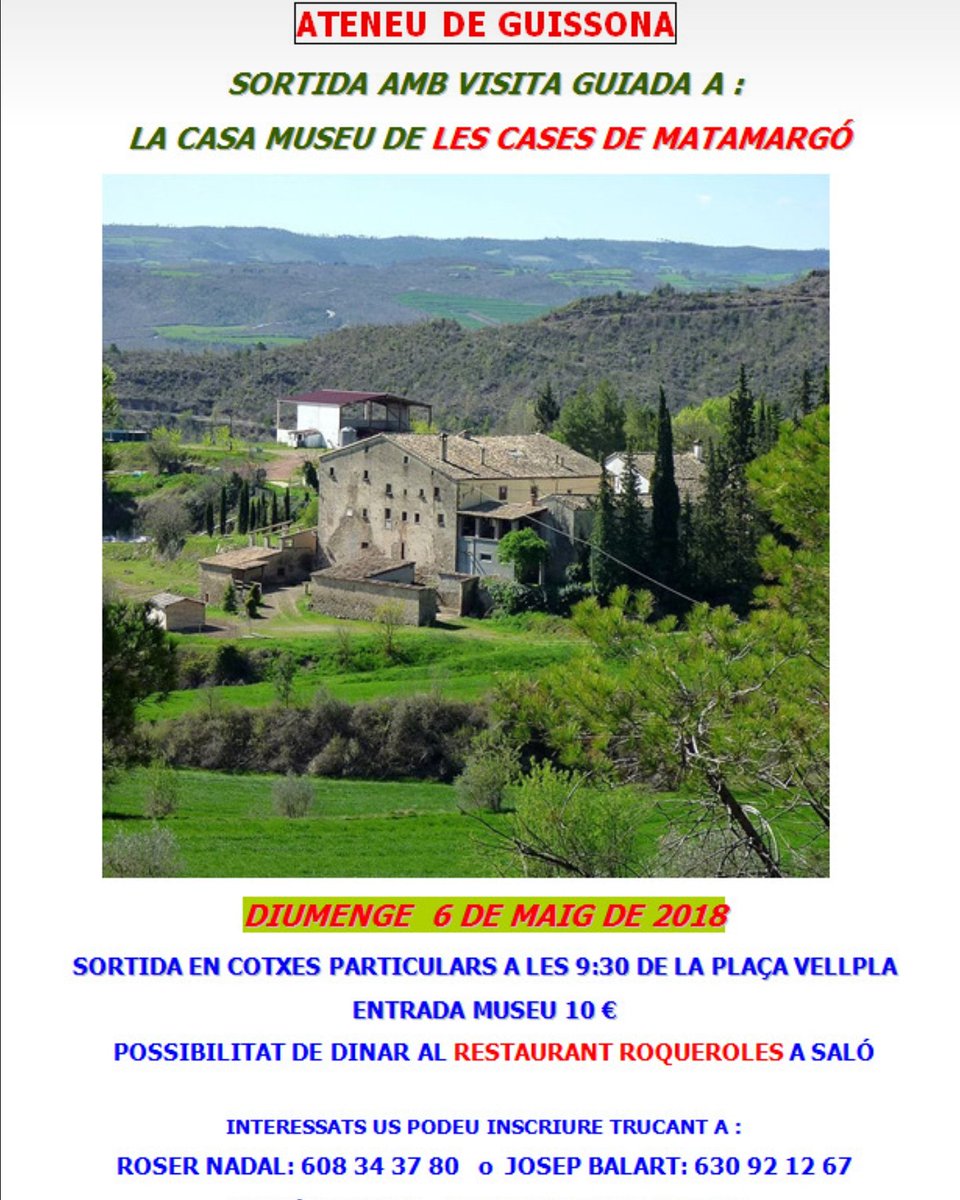 AteneuGuissona's tweet photo. La propera sortida de l'#AteneudGuissona el dia 6 x visitar la casa museu de LES CASES de #MATAMARGÓ. Sortirem en cotxes de la Plaça Vell Pla a les 9:30. Qui vulgui es podrà quedar a dinar al restaurant #ROQUEROLS a Saló. L’entrada al museu té un cost de 10€ #Guissona #laSegarra https://t.co/82pDtnURfo
