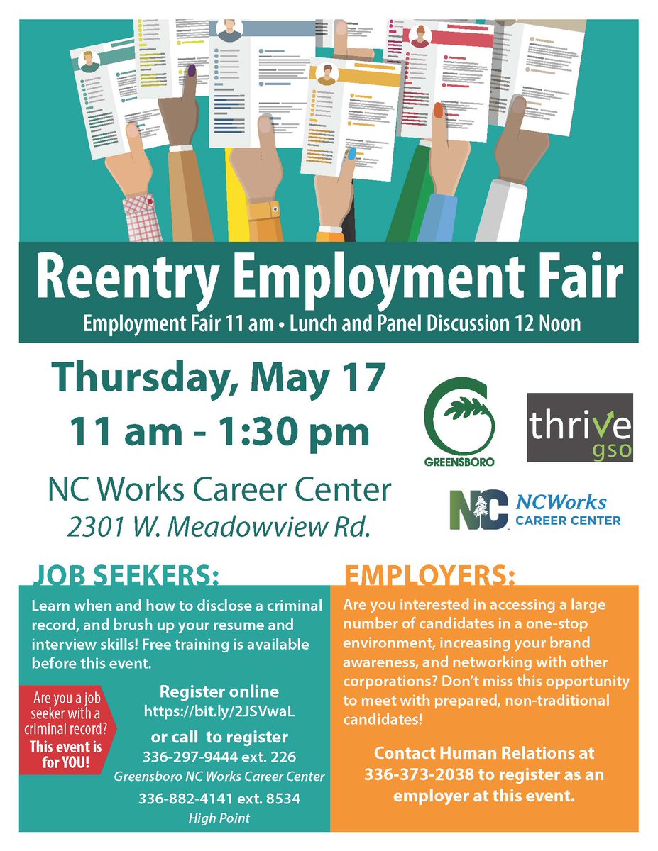 NCWorksGC's tweet photo. Employers: Want to access a new candidate pool? Job Seekers: Have a Criminal History? Ready for free training and networking? Join Thrive GSO and NC Works for the Reentry Employment Fair, May 17! Call Human Relations 336-373-2038 for info. #ncworksguilford #thrivegso https://t.co/eeWLbh5f2j
