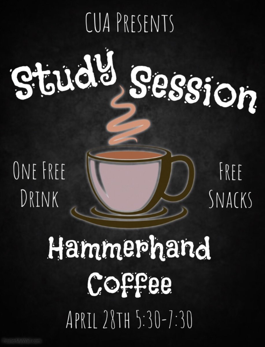 Jewell_CUA's tweet photo. It’s that time of the year again. Ya know...that time when all of the due dates are quickly approaching. Looking for a unique study session? Have a coffee on us tomorrow night, 5:30-7:30 at Hammerhand on the Square! https://t.co/URw6h3WrMm