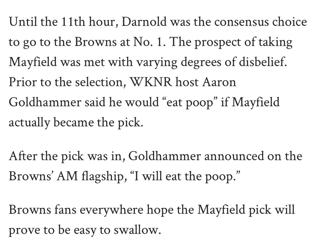 AdamSchefter's tweet photo. Cleveland sports-talk radio host @HammerNation19 was so sure the Browns would not pick Baker Mayfield at No. 1 that he promised to eat....um.... https://t.co/NmaVdgEP73