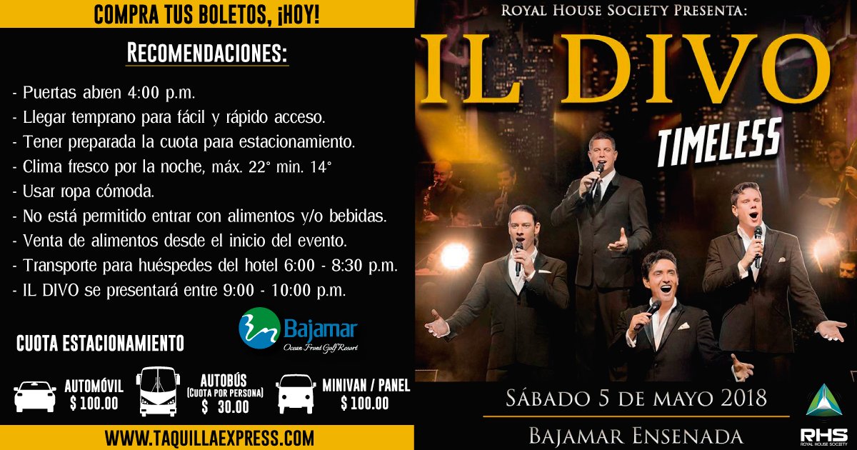 bajamargolf's tweet photo. Recomendaciones para el concierto de Il Divo.
¡Boletos disponibles! 🎫
https://t.co/LzB5rjY4Uh
#BajamarGolf #Concierto #FrenteAlMar #Ensenada #RHSWorld https://t.co/bDa110KiP5