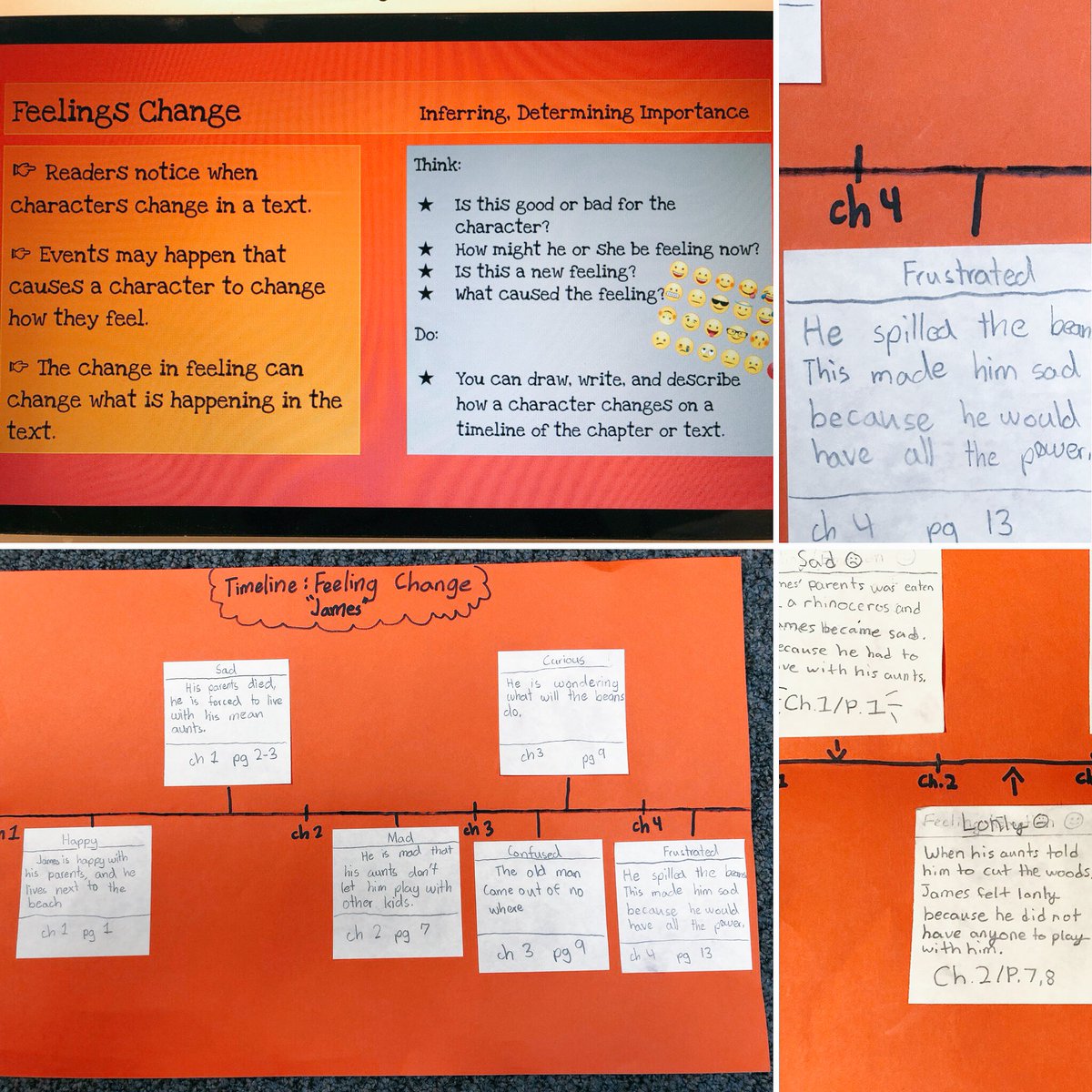 Noting how feelings and events change through text...loving @JSerravallo and #readingstrategiesbook for comprehension lessons #bookclubs @usdlearns @NoddinElem @SJellin #jamesandthegiantpeach