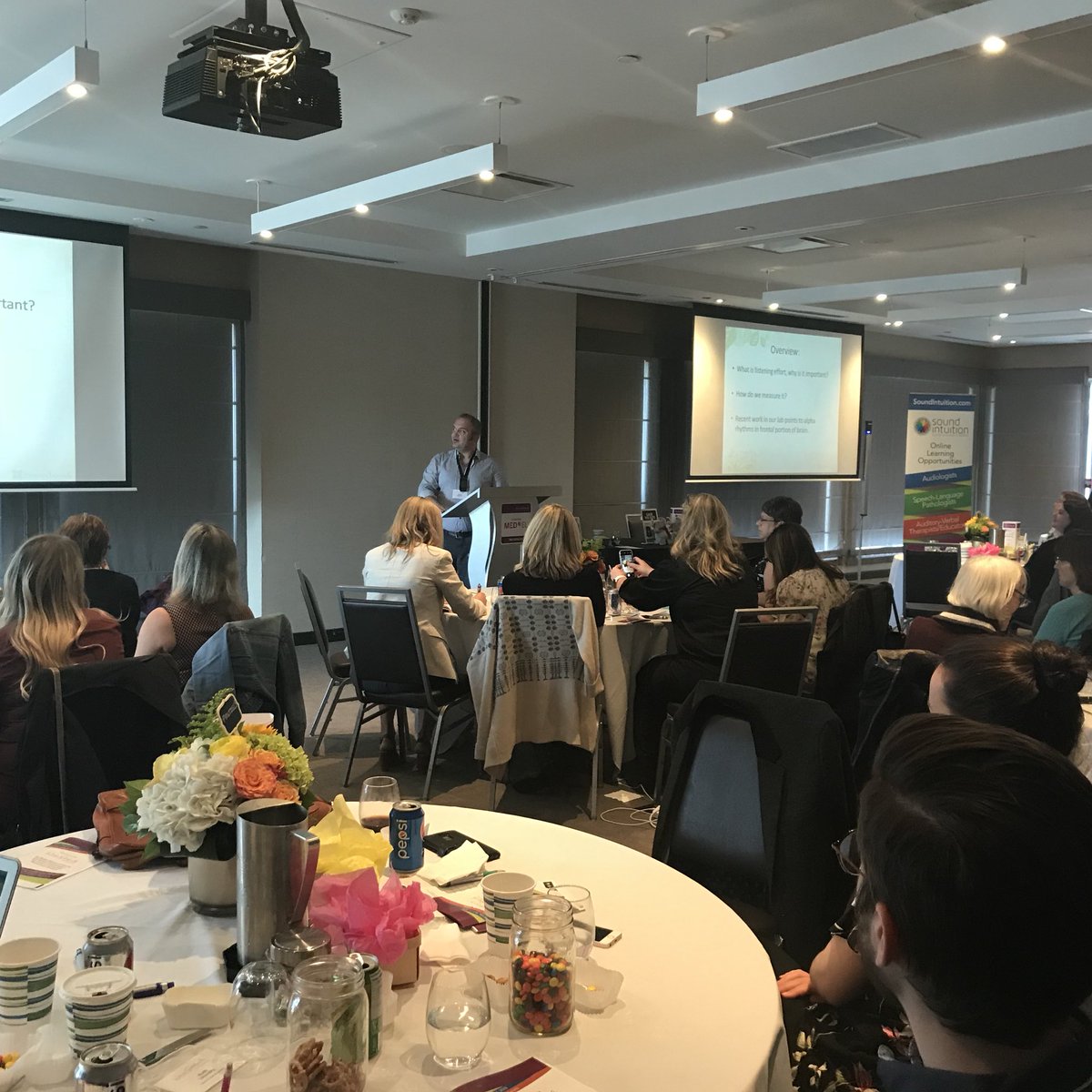 SoundIntuition's tweet photo. Dr. Andrew Dimitrijevic of @Sunnybrook takes to the podium at WESS. @medel @CochlearAmerica @OticonMedical @phonak #wessapril2018 https://t.co/Z00G62EKQh