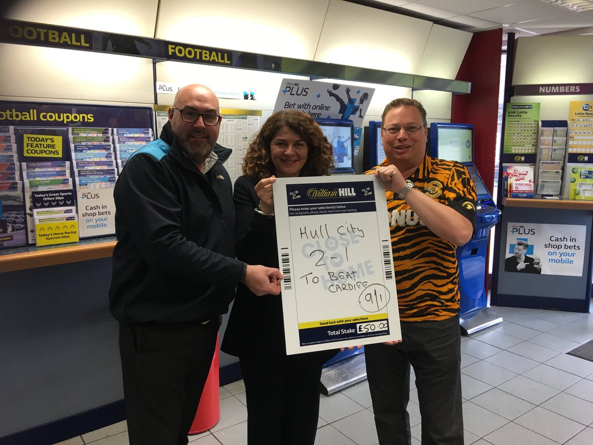 Enjoyed my visit <a href="/WilliamHill/">William Hill</a> in Newland Avenue this morning and placing £50 charity bet on <a href="/HullCity/">Hull City</a> winning 2-1 tomorrow! Any winnings to local cancer charity  <a href="/HERBreastFriend/">HER Breast Friends</a> (Hull and East Riding Breast Friends).