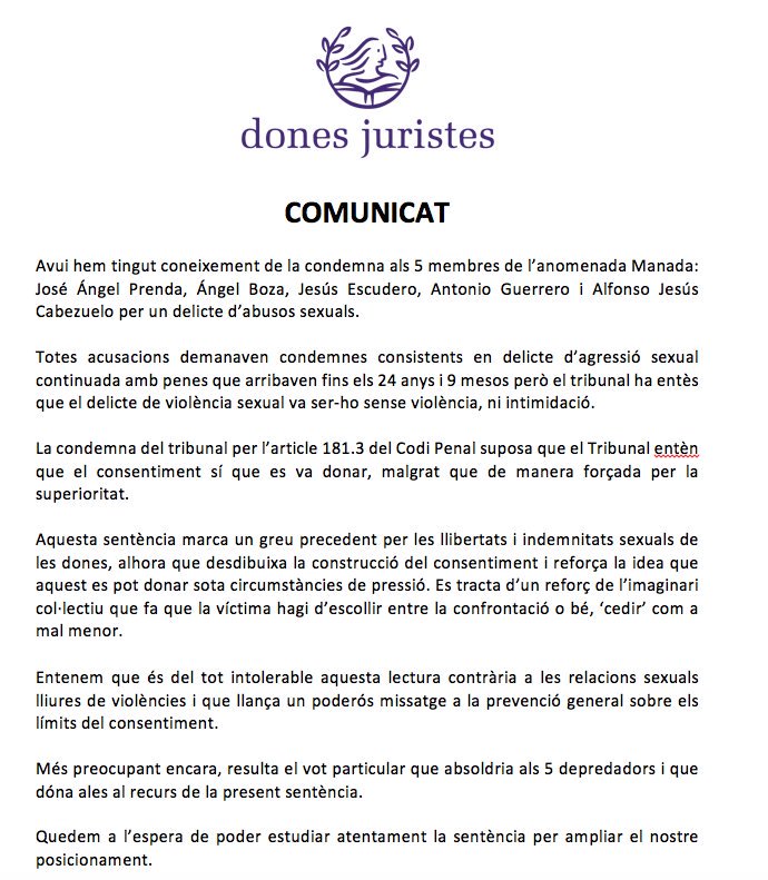 A dones en Xarxa compartim el comunicat que va fer públic ahir <a href="/donesjuristes/">Dones Juristes</a> i el subscribim plenament #LaManada #YoSiTecreo #NoesNo #justíciapatriarcal #EstaEsNuestraManada