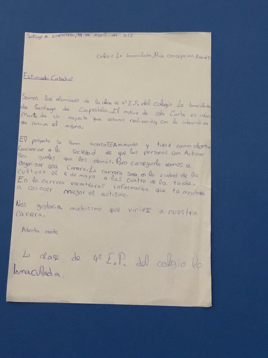 acercaTEAmimund's tweet photo. Estimado @AlbertoCorby33
Somos a clase de 4º E.P. De @LaSalleInma. O motivo deste twit é informarche de que imos realizar unha carreira o día 4 de maio as 16:00 na @CidadedaCultura para concienciar sobre o #autismo Convidámosche! #acercaTEAmi🌍 https://t.co/XqWPJqa6i5