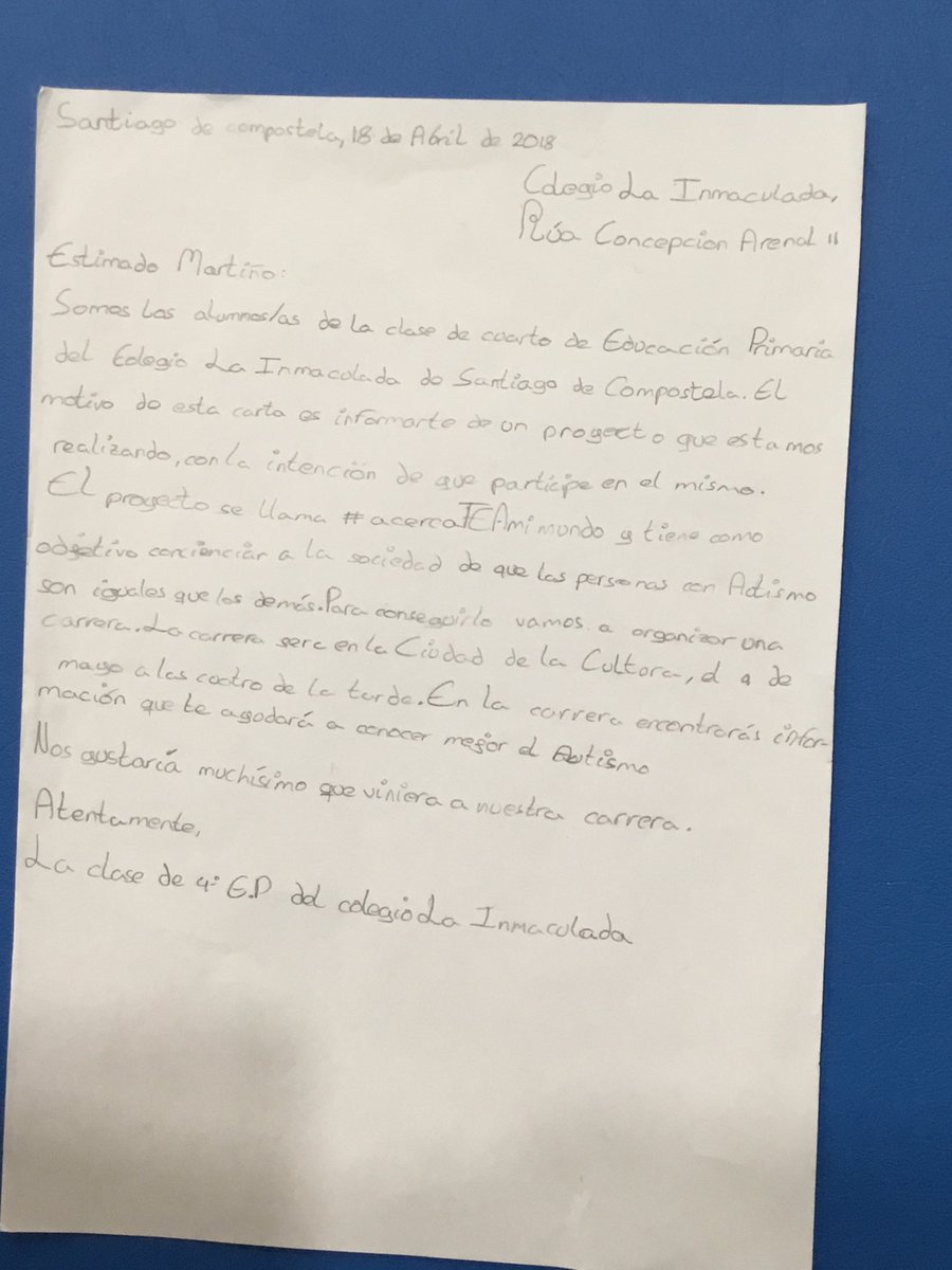 acercaTEAmimund's tweet photo. Estimado @martinhonoriega
Somos a clase de 4º E.P. De @LaSalleInma. O motivo deste twit é informarlle de que imos realizar unha carreira o día 4 de maio as 16:00 na @CidadedaCultura para concienciar sobre o #autismo Convidámoslle! #acercaTEAmi🌍 https://t.co/GzSgmFH9ue