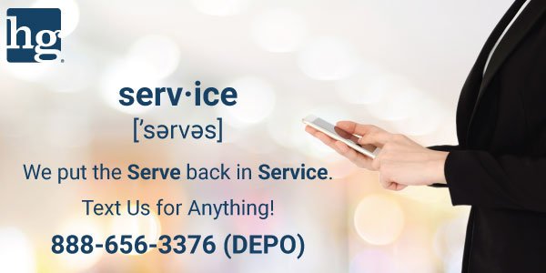 AdvancedONE_'s tweet image. As part of our ongoing effort to offer exemplary support to our clients, HG Litigation now offers Text support. Just send a text message to our Toll Free number, 888-656-3376 and a team member will assist you.  

We value our partnership and look forward to texting with you soon!