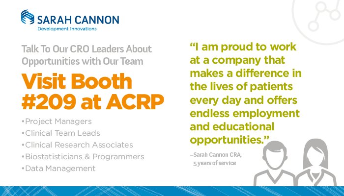 SarahCannonDocs's tweet photo. Come talk with our leaders at @ACRPDC about #ClinicalTrial opportunities. Visit us @ #Booth209 #ACRP2018 https://t.co/e6pdG9OtMK