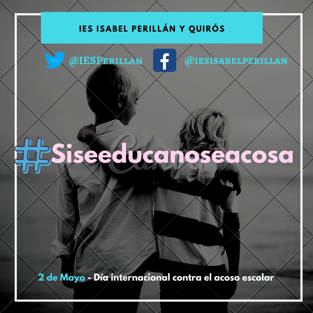 IESPerillan's tweet photo. El próximo miércoles 2 de mayo se celebra el Día Internacional contra el acoso escolar. Desde nuestro centro os animamos a compartir mensajes de apoyo bajo el hashtag #Siseeducanoseacosa #yosoyperillan https://t.co/W8vcZxH5id