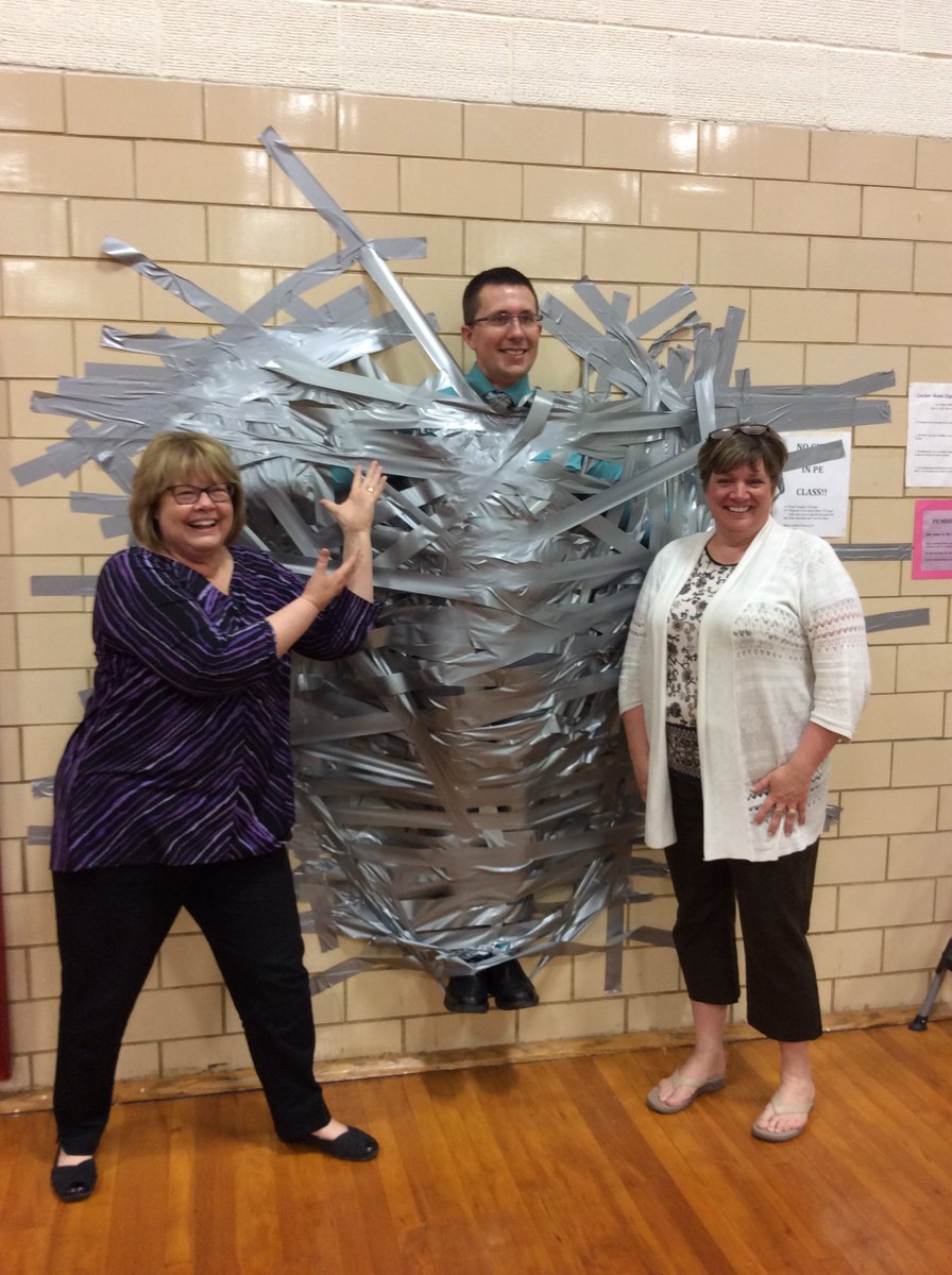 AldenElementary's tweet photo. Lead-a-Thon was Successful and the kids got to duck-tape the Principal to the wall for all their hard work! https://t.co/tw3OikN6ED