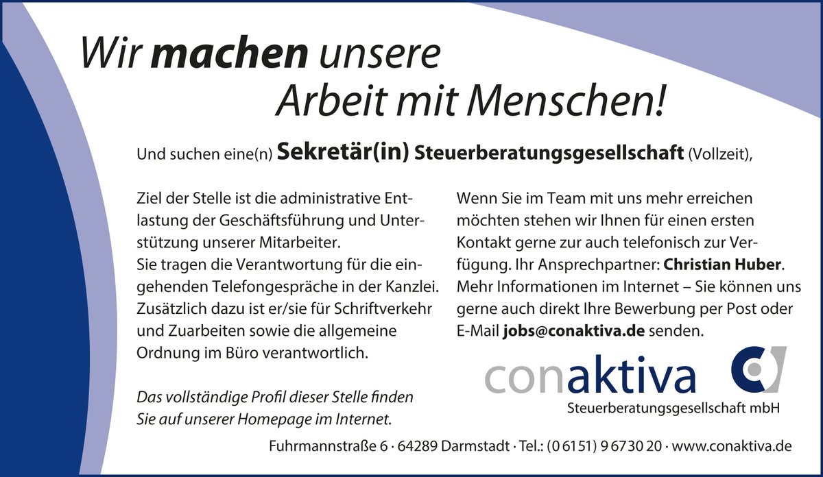 conaktiva's tweet photo. Wir suchen eine(n) Sekretär(in) für unsere Steuerberatungsgesellschaft in Darmstadt - Vollzeit https://t.co/A5WGy5Ihf3
