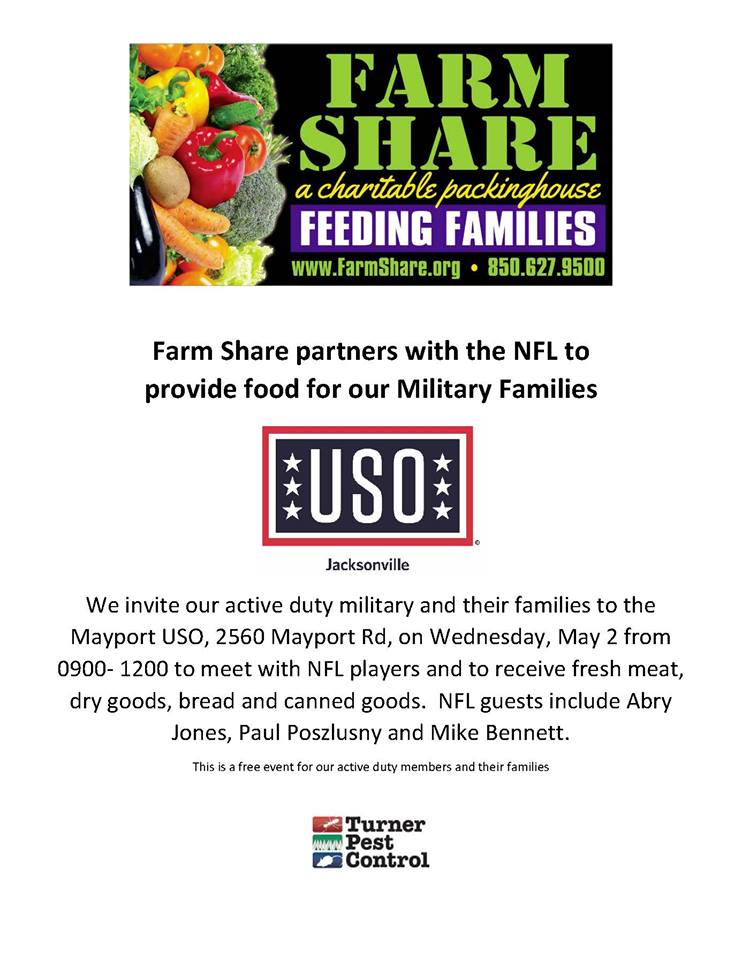 We invite our active duty military and their families to the Mayport USO, 2560 Mayport Rd, on Wednesday, May 2 from 0900-1200 to meet with NFL players and to receive fresh meat, dry goods, bread and canned goods!!
NFL guests include Abry Jones, Paul Poszlusny and Mike Bennett