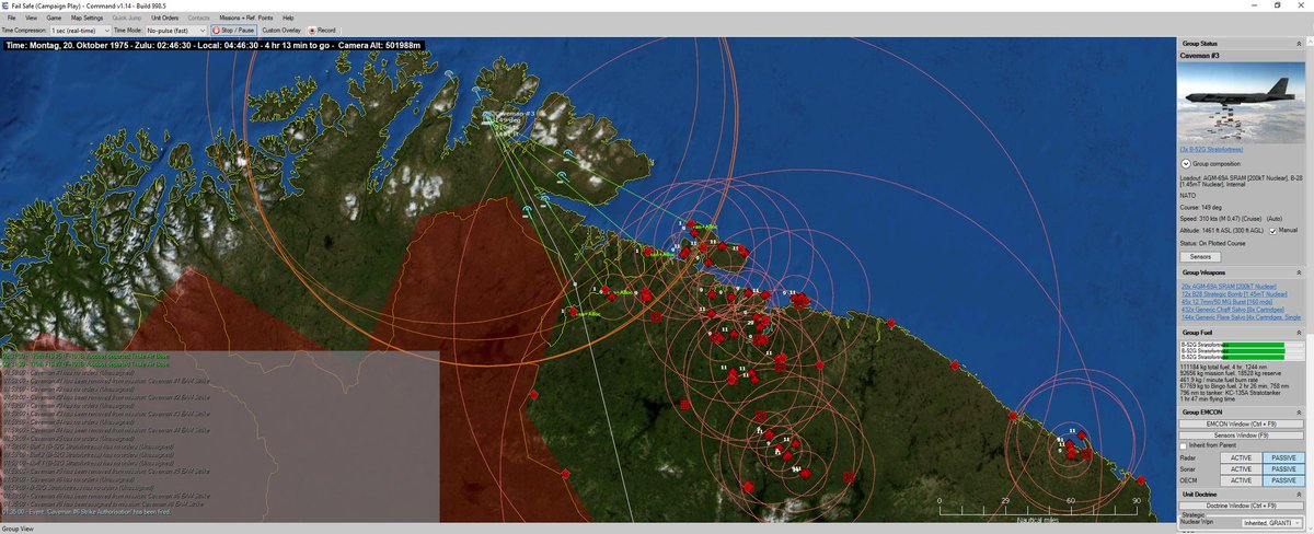 CommandDevTeam's tweet photo. "This is it: Unlimited nuclear war with the Soviet Union is imminent. We are in command of 18 B-52G Stratofortress on 'Chrome Dome' airborne alert over the Arctic and await strike orders."
#CMANO #NorthernInferno AAR#15 - Fail Safe
https://t.co/6yBoskEFwV https://t.co/1vvQv3279U