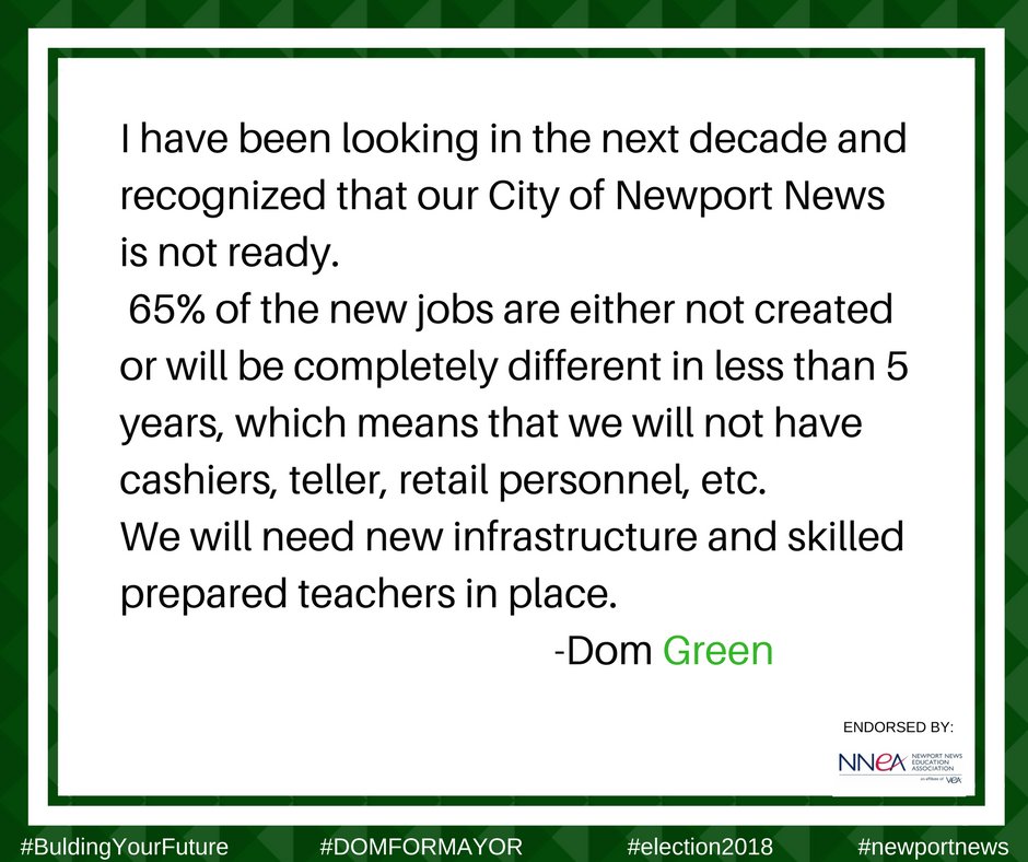 domformayor's tweet photo. Dominique Green's view on future jobs. #newportnews #HamptonRoads #VaBeach #Norfolk #Virginia #Hampton #VirginiaBeach #Williamsburg #JamesCity #Portsmouth #Domformayor #fightingforyourfuture https://t.co/YAezDkRPOs
