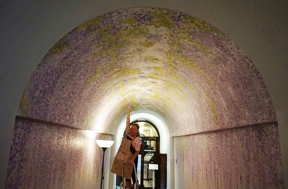 NTCymru_'s tweet photo. Ever wanted a wisteria arch, but haven’t got skills to plant one, or time to prune one? Well why not paint an arch like @NTDyffrynG? This one was painted by Heidi Evans, inspired by Edith Adie’s watercolours, who visited Dyffryn in 1923 to paint the gardens. Beautiful isn't it? https://t.co/JCiaTXMIlu