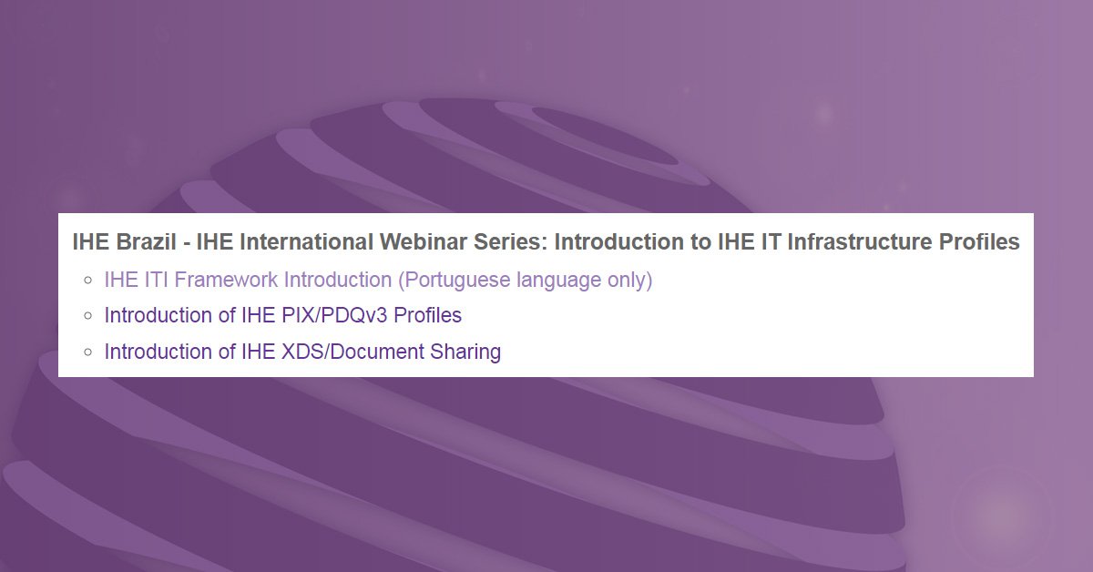 #FlashbackFriday: Watch this series of <a href="/IHEBrasil/">IHE Brasil</a> webinars discussing IT Infrastructure (ITI) technical framework in Portuguese as well as two English webinars on XDS/Document Sharing and PIX/PDQv3 Profiles. bit.ly/2Fgv5Z2 #hitsm