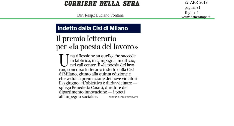 FeLSAcislMilano's tweet photo. La poesia del lavoro (dal Corriere della Sera oggi in edicola, pagina 21) 
https://t.co/KzmgPpFJ9i https://t.co/XR215BPxc7