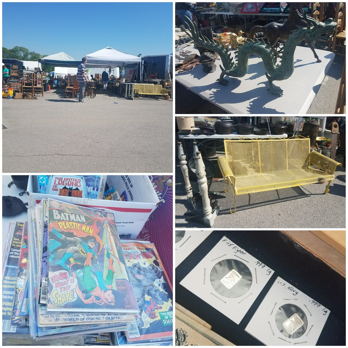 Hatchie4's tweet photo. Perfect day for a flea market. 
#pocketknives #sterlingsilver #castiron #coins #bronze #vintagefurniture #comicbooks #leadsoldiers #quilts  😎#mona #johnny #martin 😍 https://t.co/RPzU2hzPDe