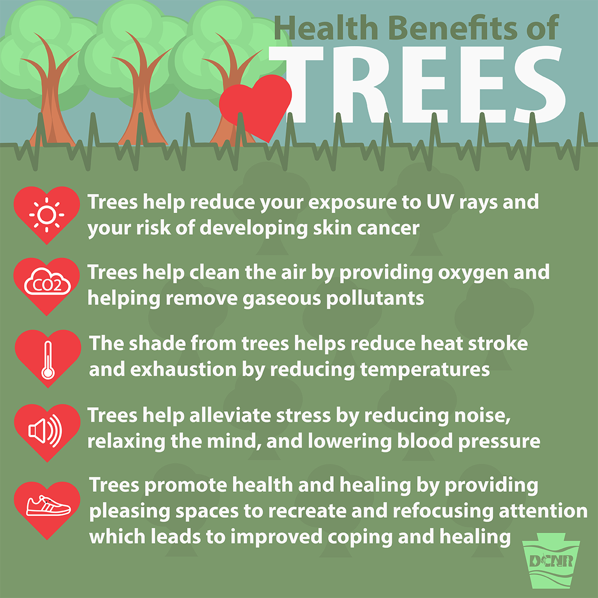 DCNRnews's tweet photo. Happy #ArborDay! 🌲🌳 We all know the ways trees can help the environment and wildlife, but #DYK that they can improve your health as well? It’s just another reason we ♥ trees! Be sure to #PlantATree! #TreeVitalize https://t.co/LR8iSzx6Ab