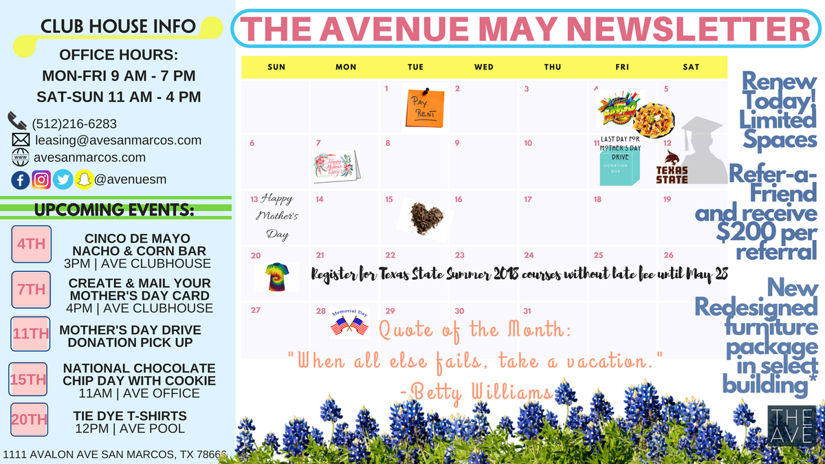 AvenueSM's tweet image. Hi Residents!

May Calendars have been delivered to your doorsteps.We have really great upcoming events. Pay your rent before May 1st to be entered for a gift-card.

~Refer-a-Friend and receive $200!
#AVESM #MayFun #Seriousfun #TXST