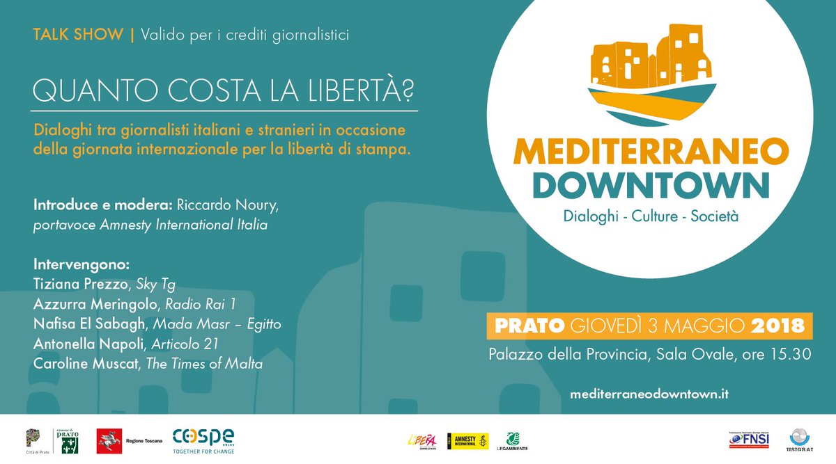 MedTownFestival's tweet photo. #programmainpillole Il festival inizia giovedì 3 maggio con l'incontro "Quanto costa la libertà?". @riccardonoury9241 dialoga con @TITTIPRICE, Azzurra Meringolo, @AntonellaNapoli Nafisa Al Sabagh e @muscatcar. Vi aspettiamo 👉 https://t.co/pAazT11Zaq https://t.co/087ciuKUqH