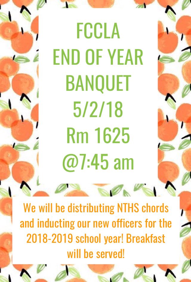 lambert_fccla's tweet photo. Next Wednesday is our End of the Year FCCLA Banquet! Seniors must attend to get their NTHS chords!! Culinary will be providing breakfast! See you there!! https://t.co/q46CPLjmi0