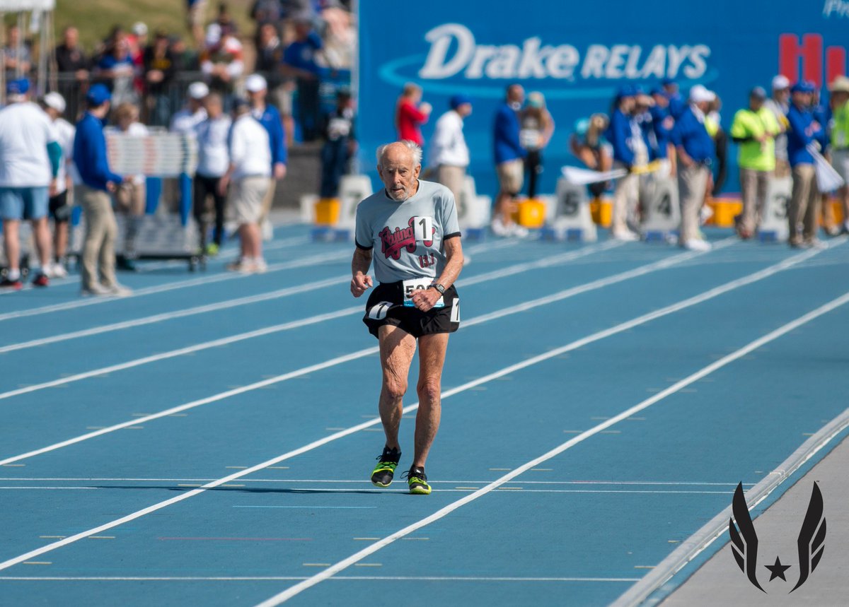 usatf's tweet photo. Mike Fremont, 96 years old, ran on a track for the first time today in the masters 800m at @DrakeRelays. He said, "It was a marvelous experience. I've never run a shorter race!"

Reminder: Mike set the 🇺🇸 road mile record, 13:55.82, in the 95+ age category on Tuesday. https://t.co/bM3vxMb9Rb