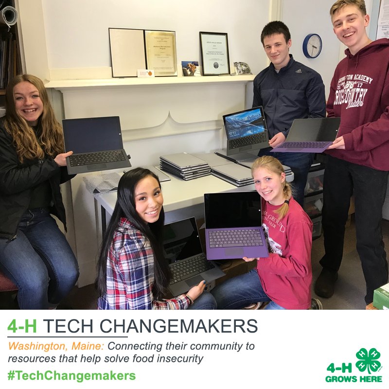 4H's tweet image. How are #TrueLeaders creating change in your community? Encourage local teens to enter the 4-H #TechChangemakers Contest and share how they’re using technology to make a difference, like these youth in Maine. Learn more and enter today!  4-H.org/TechChangemake…