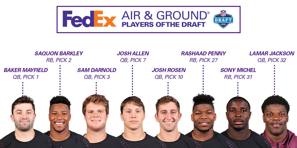 FedEx's tweet photo. Congratulations to the newest #AirandGround stars of the @NFL, who realized their dreams last night at #NFLDraft! On behalf of FedEx, welcome to the league. https://t.co/T8An6ntMsm