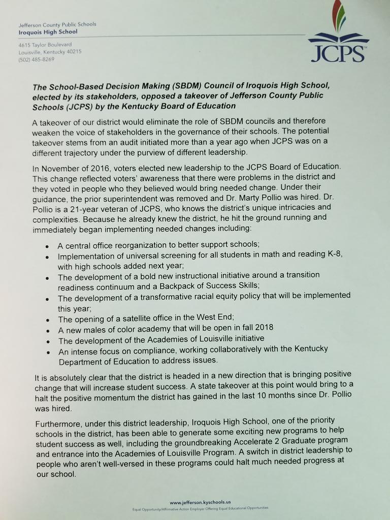 ccush69's tweet photo. Iroquois High School's SBDM has joined many others in the district in passing a resolution against a state takeover of #JCPS #MakeoverNotTakeover
@BradyJCPSBOE @cmkolb @lgwillner https://t.co/5kJlLANgbK