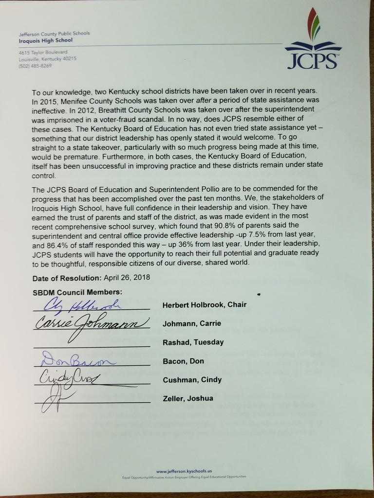 ccush69's tweet photo. Iroquois High School's SBDM has joined many others in the district in passing a resolution against a state takeover of #JCPS #MakeoverNotTakeover
@BradyJCPSBOE @cmkolb @lgwillner https://t.co/5kJlLANgbK