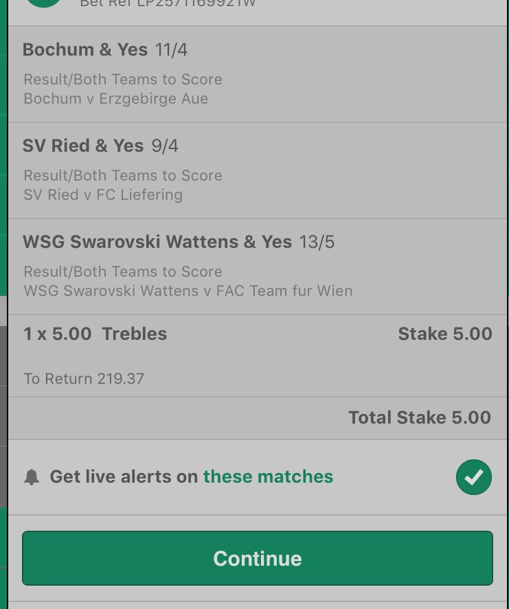 ⭐️💷FRIDAY NIGHT TREBLE💷⭐️

£5 returns £219!!!

Bochum - German league 🇩🇪 
Tied &amp; Wattens - Austria 🇦🇹 

ALL GAMES KICK OFF AT 5.30PM!!

Fingers crossed🍀