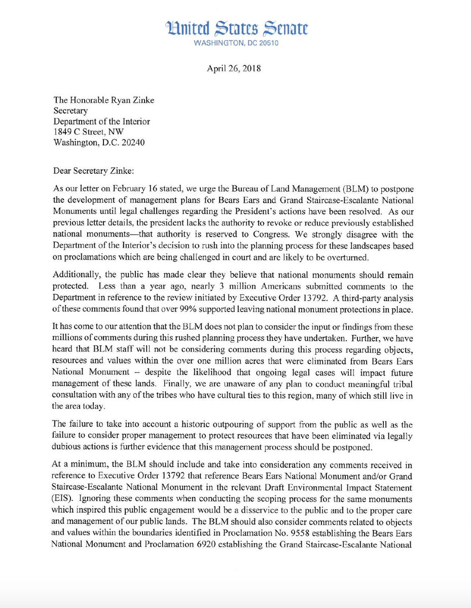 SenatorTomUdall's tweet image. Only Congress holds the authority to revoke or reduce #MonumentsForAll—not the President. We urge @SecretaryZinke to stop developing management plans for #BearsEars &amp;amp; #GrandStaircase until the courts have ruled on—and likely overturned—@POTUS' illegal attacks on our #publiclands