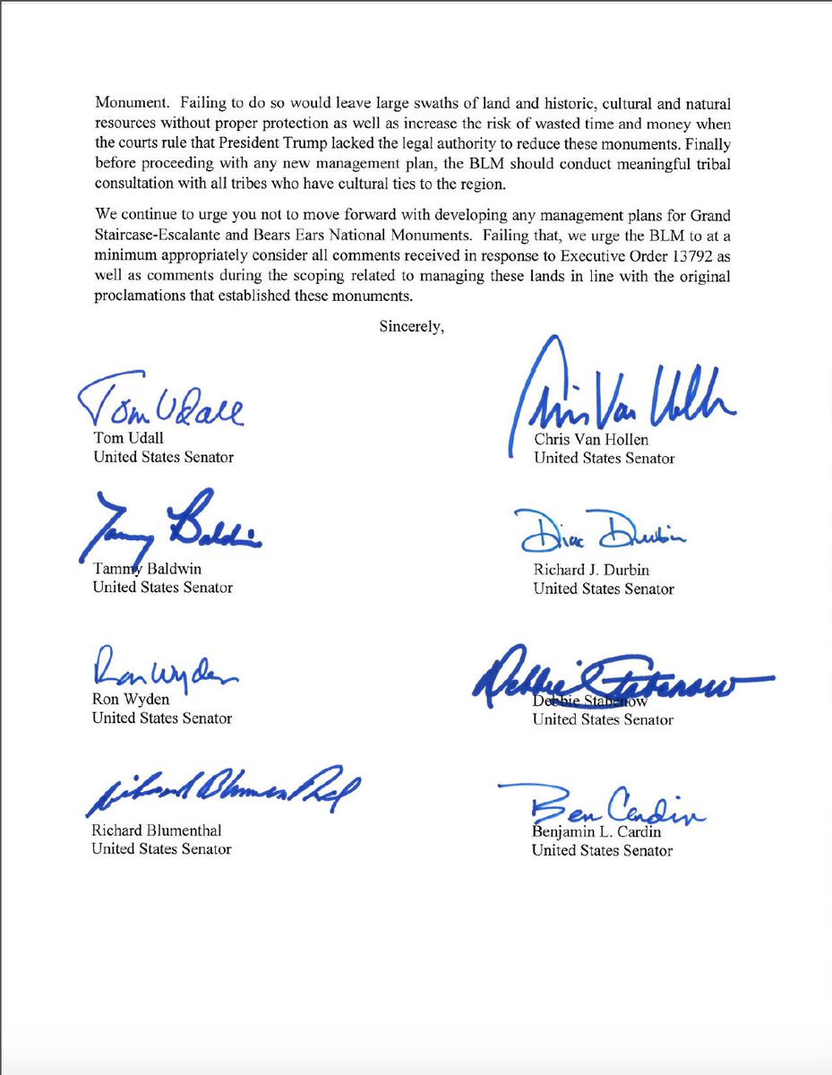 SenatorTomUdall's tweet image. Only Congress holds the authority to revoke or reduce #MonumentsForAll—not the President. We urge @SecretaryZinke to stop developing management plans for #BearsEars &amp;amp; #GrandStaircase until the courts have ruled on—and likely overturned—@POTUS' illegal attacks on our #publiclands