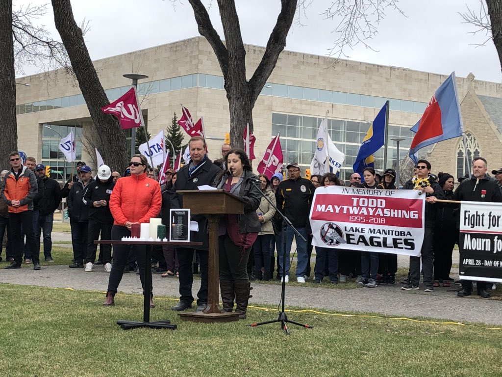 SAFEWorkMB's tweet photo. We honour those we’ve lost at work. Gathering for the ground-breaking for the Manitoba Workers’ Memorial. #DayofMourning @MFLabour https://t.co/oK2RptxLLM