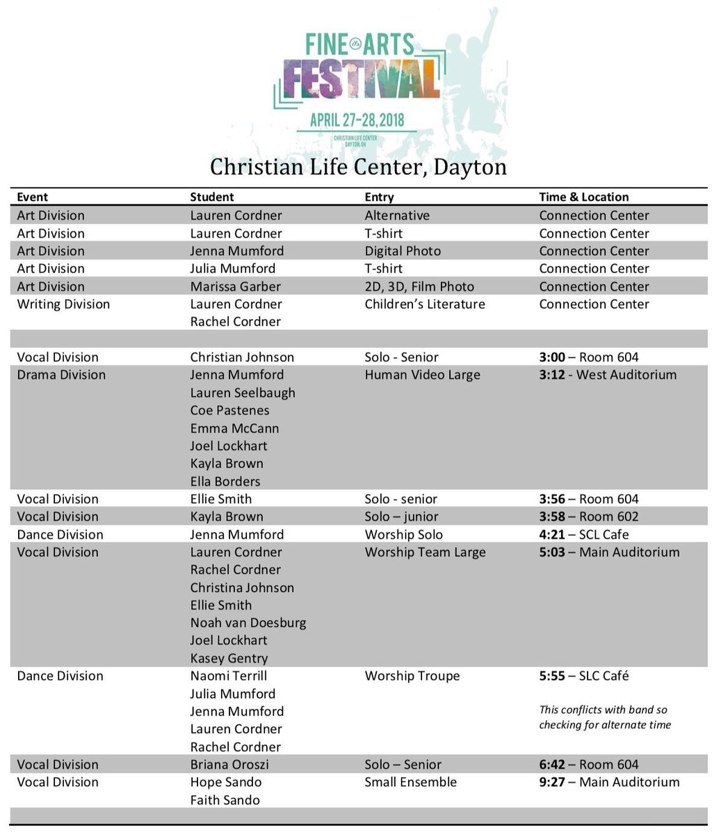 clc_studentlife's tweet photo. The Ohio District (AG) Fine Arts Festival just kicked off at CLC. Here’s the schedule of our students that are competing . . . in case you want to come support them! https://t.co/uGnC5wsZOj